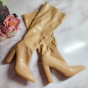 Chic Patent Leather Knee-High Boots, Pointed Toe, Block 4" Heel, Size 6.5 / 37